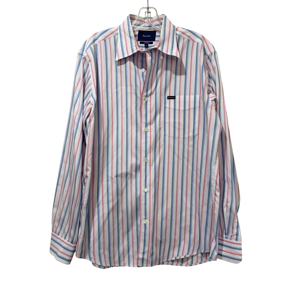 Faconnable Classique Mens Medium Blue Pink Striped Cotton Button Down Shirt L/S
